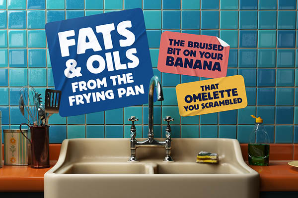 Kitchen sink with stickers that say flats and oils from the frying pan, the bruised bit on your banana and that omelette you scrambled 