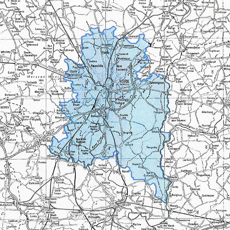 A map of the boundary around York where customers have a different water rate to other Yorkshire Water customers.