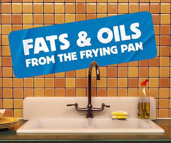 Kitchen sink with a sticker that says fats and oils from the frying pan